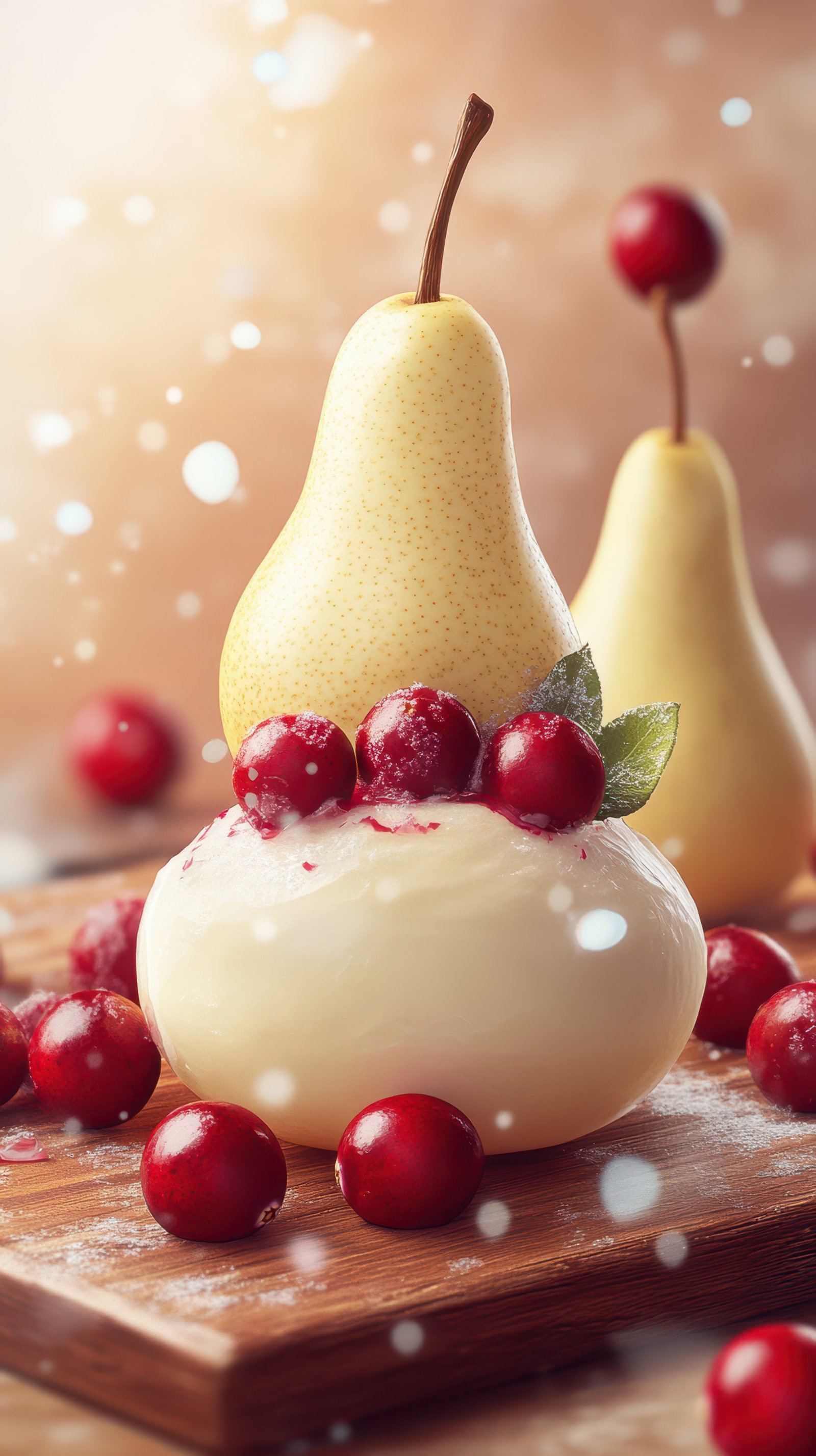 A yellow pear sits on top of a white ball, both covered in cranberries, on a wooden surface with a light, snowy background